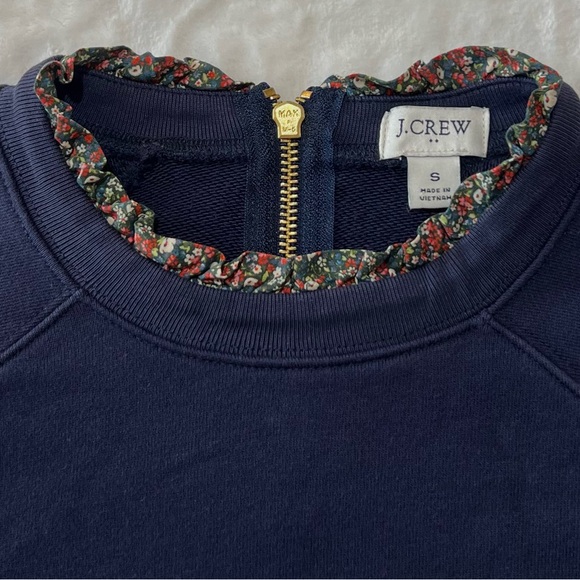 J. Crew Woven Ruffleneck Pullover Sweatshirt Floral Trim Gold Zip Navy Small - Picture 5 of 17